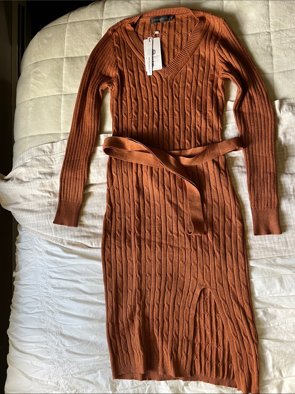 NWT Cable-Knit V-Neck Belted Midi Dress in Rust